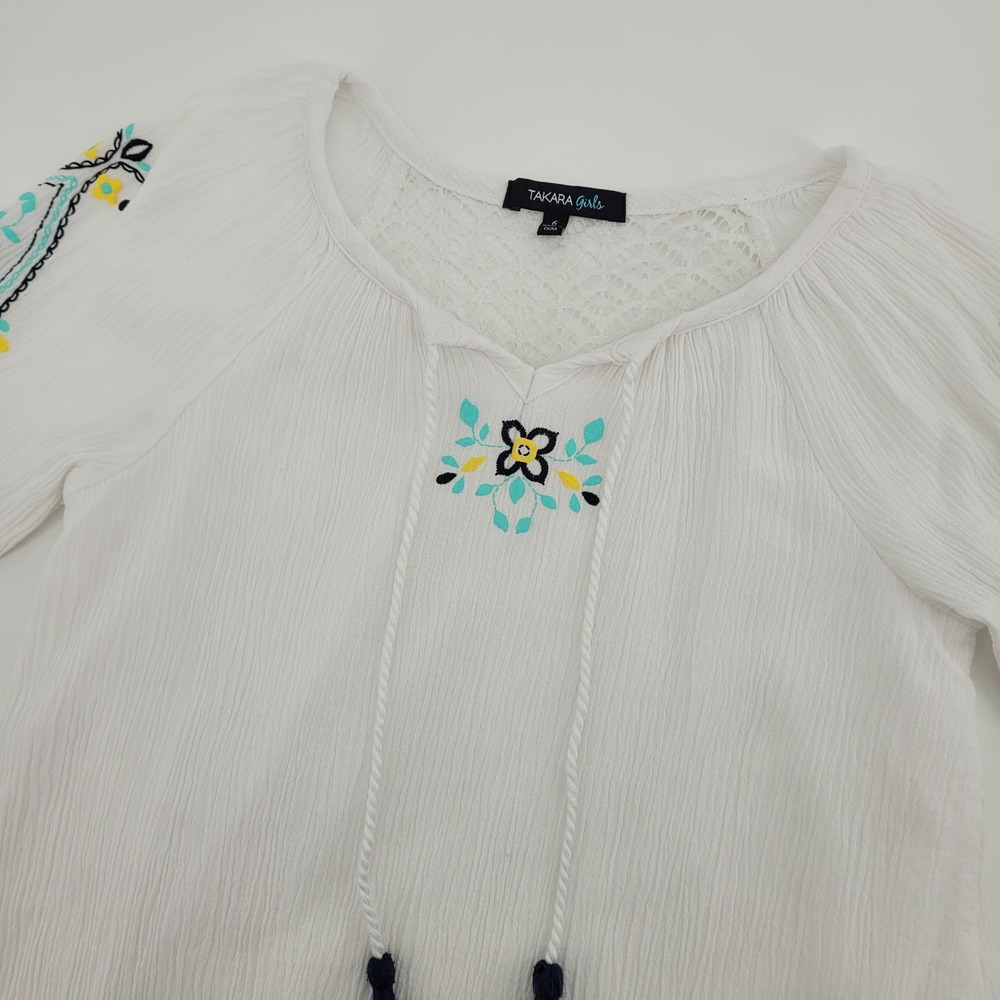 Takara Girls Size 6 White Embroidered Peasant Blouse Tassel Boho Top